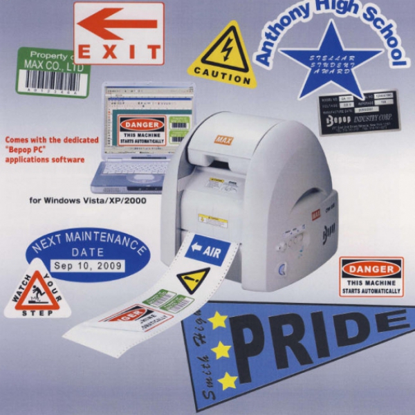 Labels and decals surrounding printer to show examples of Brooks Duplicator prints.