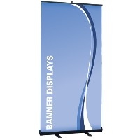 Full shot of a retractable banner stand by Brooks Duplicator printed banners and posters.