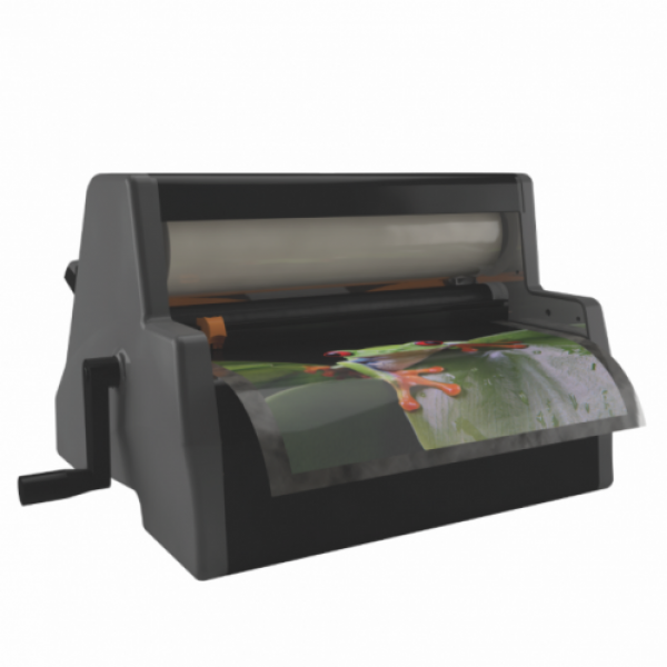 Small cold laminator by Brooks Duplicator in charcoal laminating a picture of a frog.