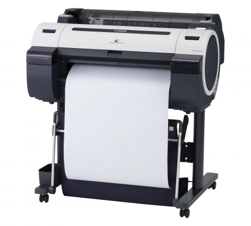 Brooks cannon large format poster printer on stand printing on white paper.