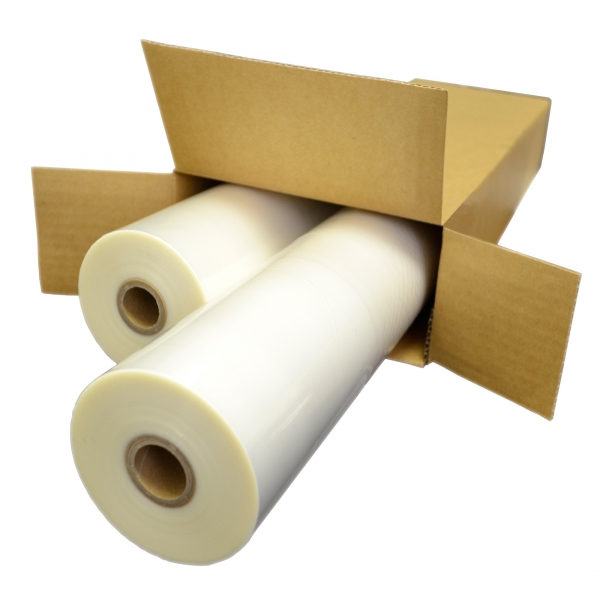 Hot laminate materials in cardboard box for laminating machines by Brooks Duplicator.