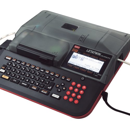 Brooks Duplicator Letatwin label maker and decal printer in black and red with keyboard.