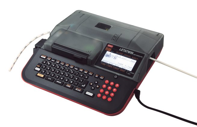 Brooks Duplicator Letatwin label maker and decal printer in black and red with keyboard.